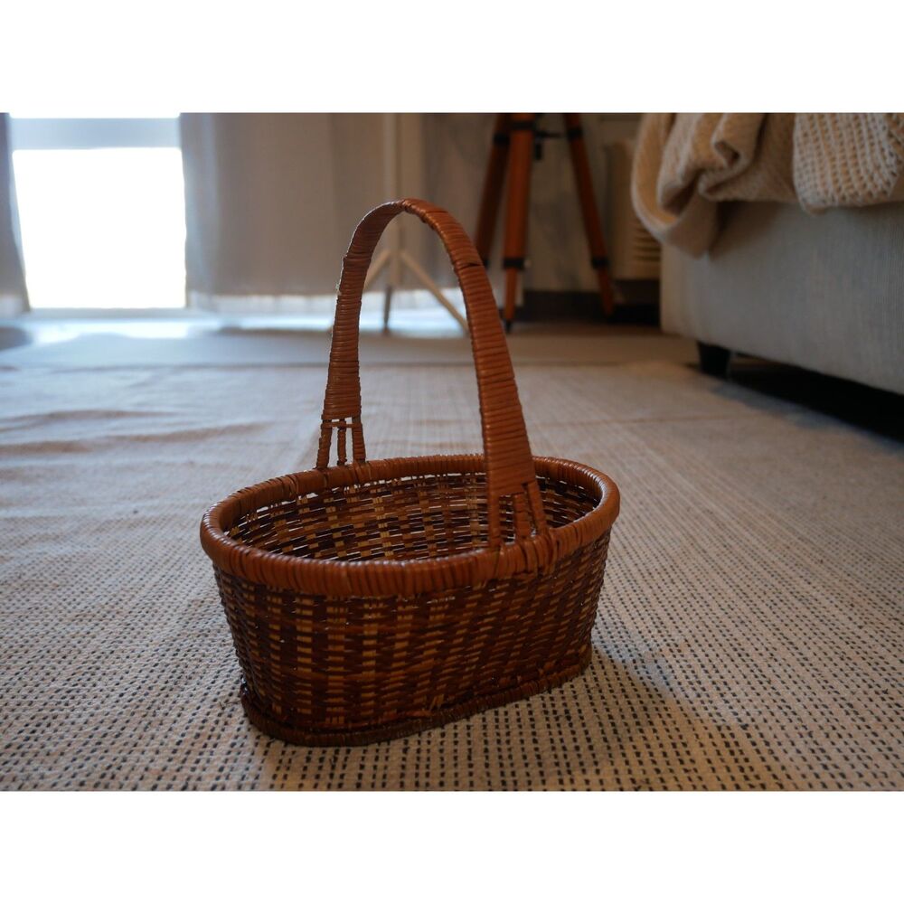 Vintage Handwoven Wicker Basket with Handle Brown Oval Small Decorative Basket